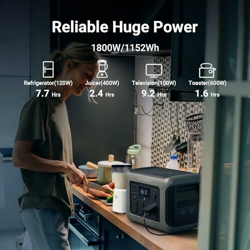 Person using a portable power station in a kitchen setting