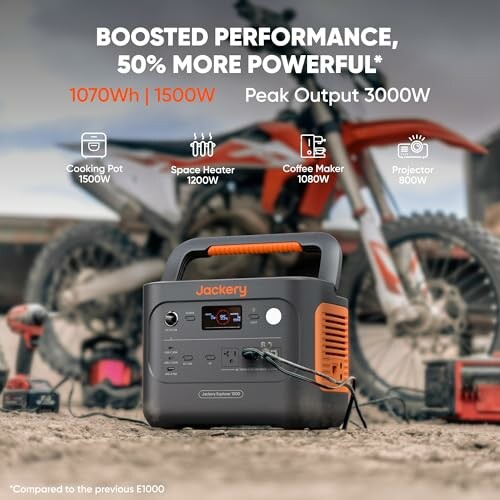 Portable power station with performance specs, motorcycles in background.