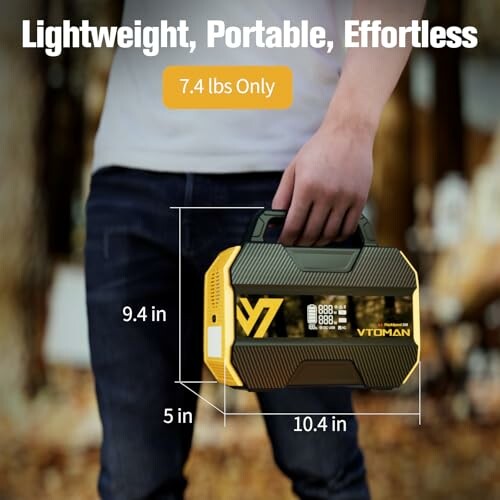 Person holding lightweight portable power station with dimensions and weight.